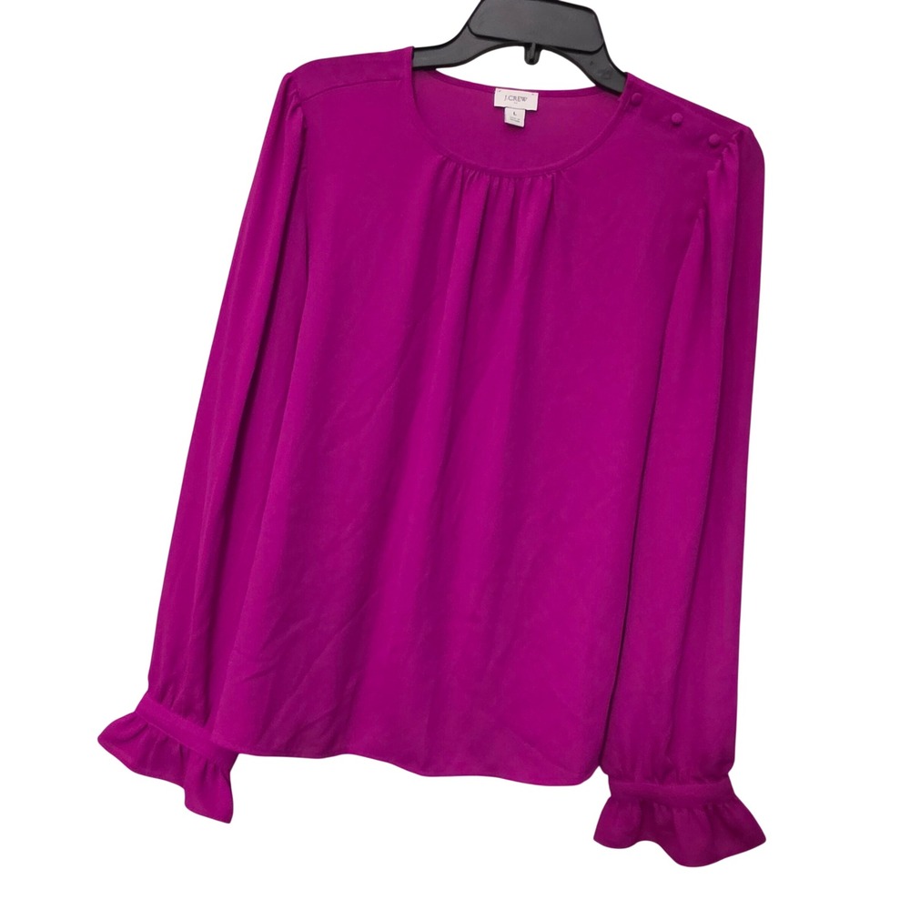 J.Crew Magenta Purple Ruffle Cuff Long Sleeve Blouse Top Large L Shoulder Button
